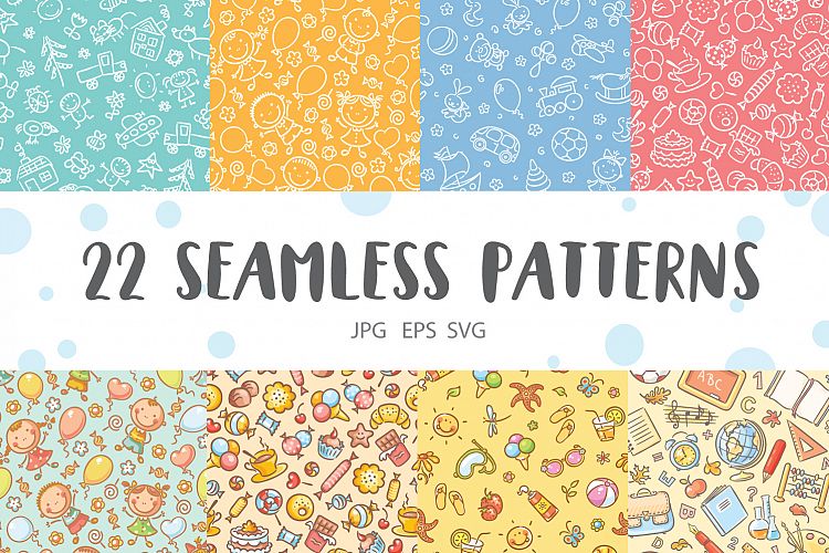 A collection of hand-drawn seamless kids patterns