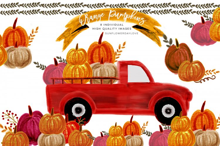 Pumpkin Truck Watercolor Fall clipart, thanksgiving autumn