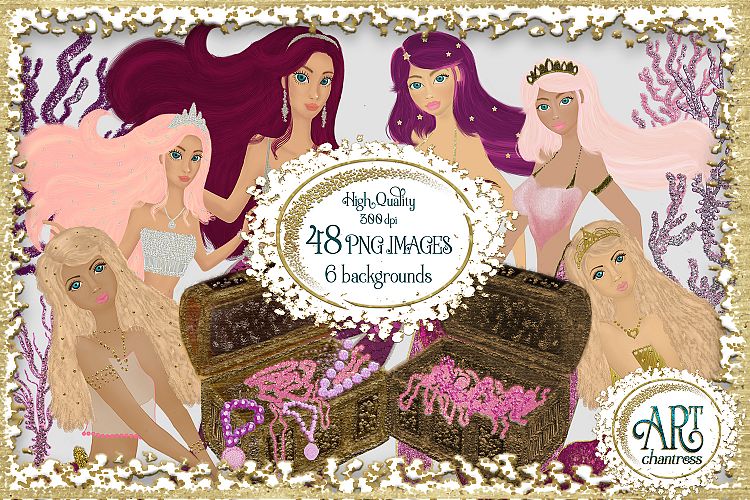 Mermaids Clipart design in Pink and Purple gold glitter - Huge Set of : PNG files