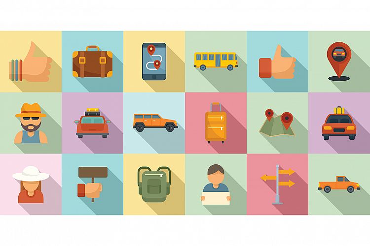 Hitchhiking icons set, flat style example image 1