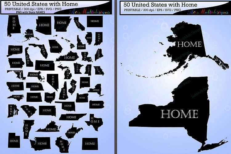 united states map with Home vector 50 / states with capital map /Us map silhouette / SVG / EPS / PNG / High Quality / state names