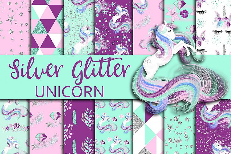 Silver Glitter Unicorn Digital Paper