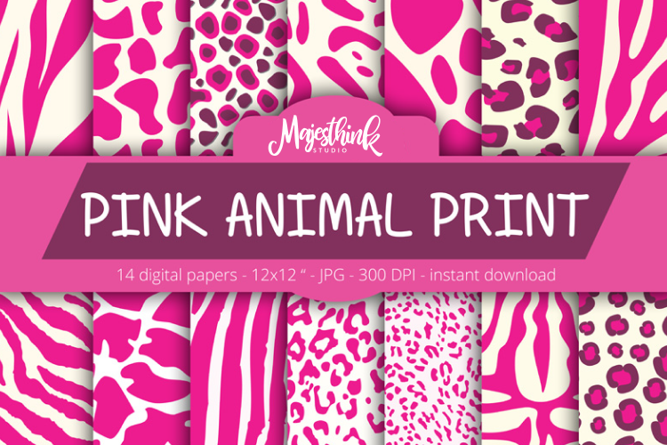 Pink Animal Print Digital Paper - with zebra, tiger, leopard, girrafe pattern Scrapbook Paper