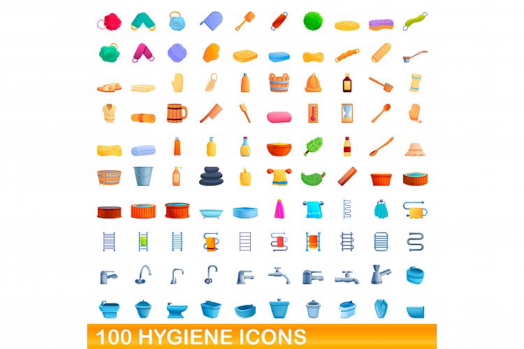 100 hygiene icons set, cartoon style example image 1