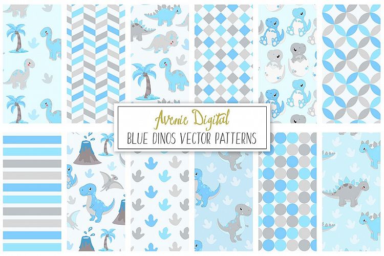 Cute Blue Dinosaur Seamless Digital Paper and Vector Patterns