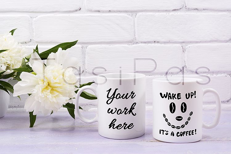 Two coffee mug mockup with ivory peony flower