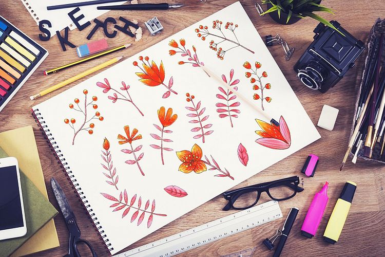 Flowers Set, Hand Drawn Elements
