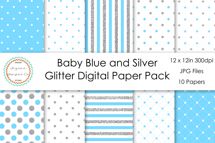 Baby Blue and Silver Glitter Digital Paper Pack