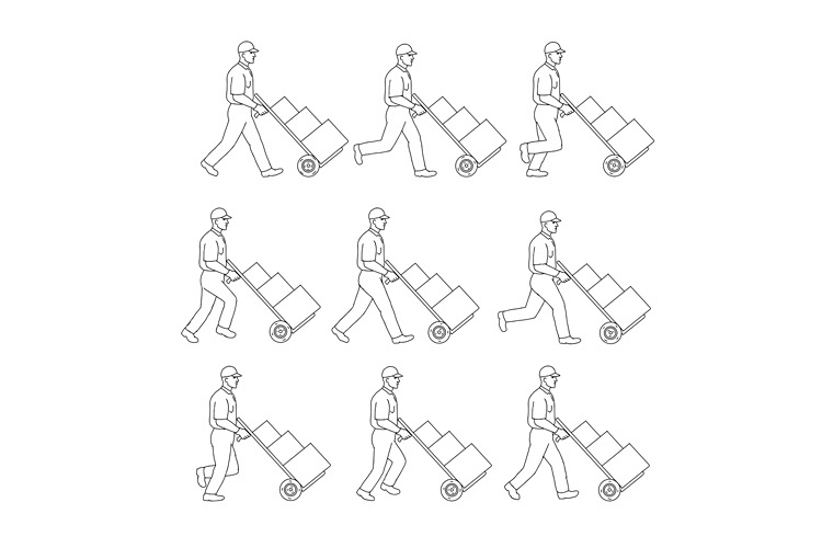Delivery Worker Pushing Hand Cart Walk Sequence Drawing