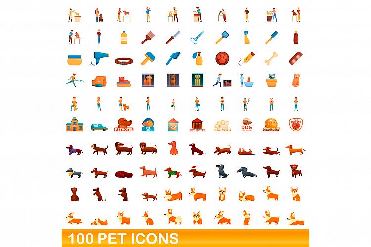100 pet icons set, cartoon style