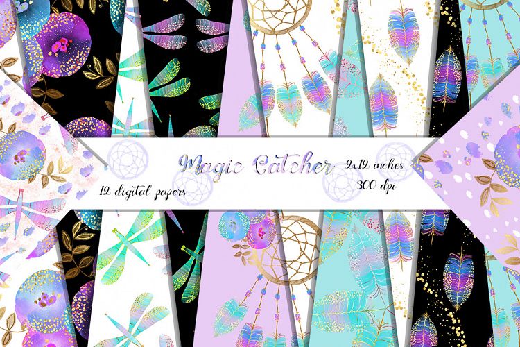 Dream catcher digital papers instant download. Feathers digital paper with gold confetti, flowers, dragonflies, Gold paint papers. 12x12