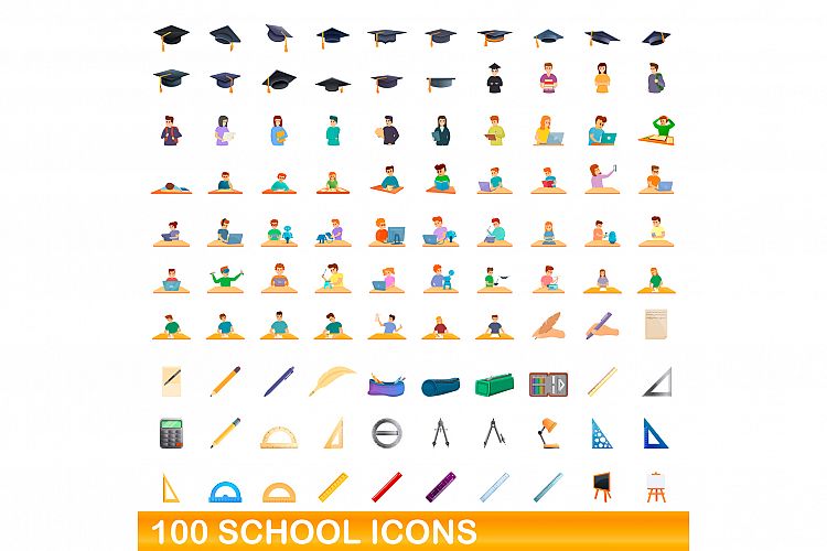 100 school icons set, cartoon style example image 1