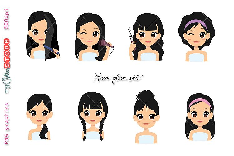 Collection of hair plan girls, hair appointment png graphics set for planner stickers, crafts, digital planning.