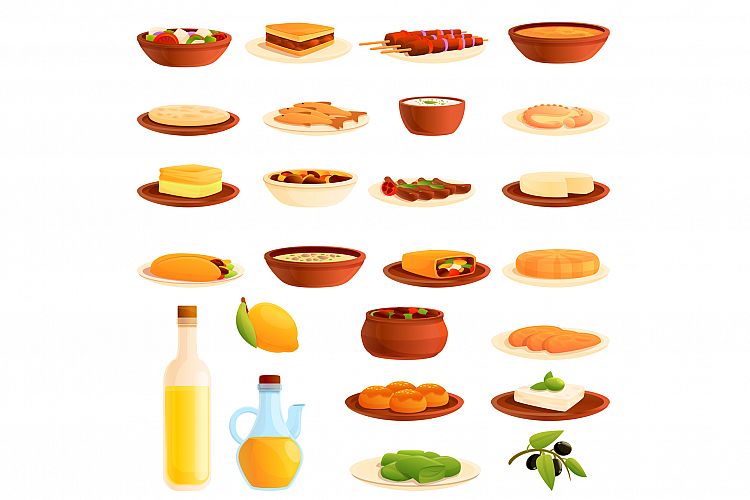 Greece food icons set, cartoon style example image 1