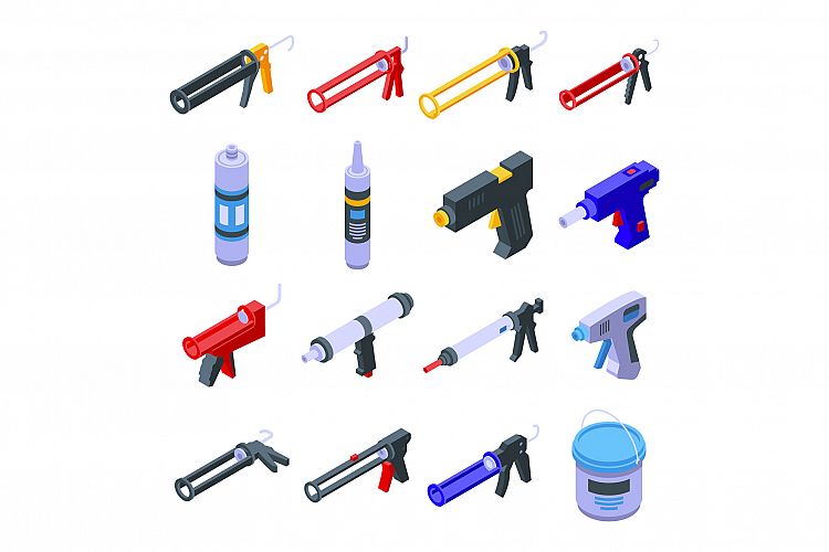 Silicone caulk gun icons set, isometric style example image 1