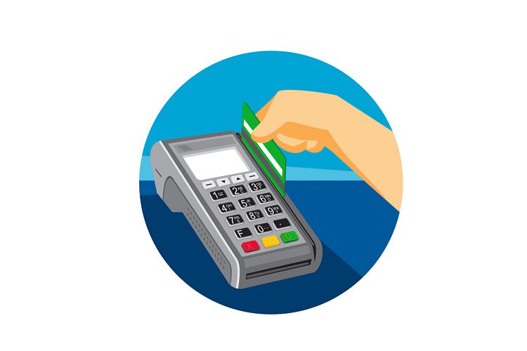Hand Swiping Credit Card on POS Terminal Retro