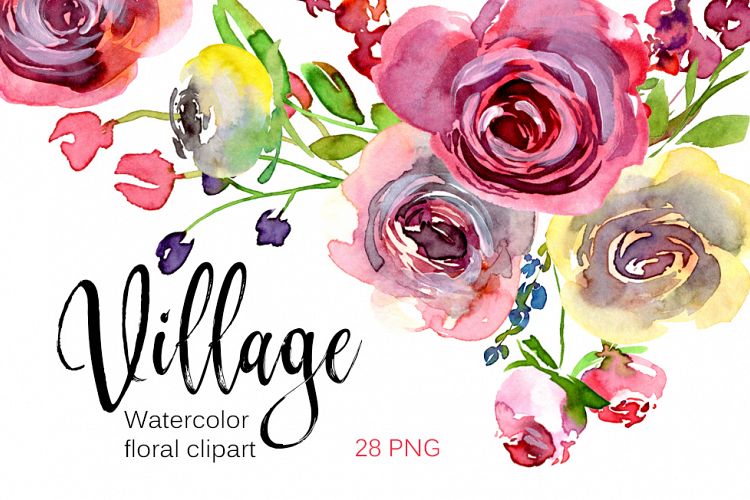 Watercolor village red burgundy roses PNG clipart