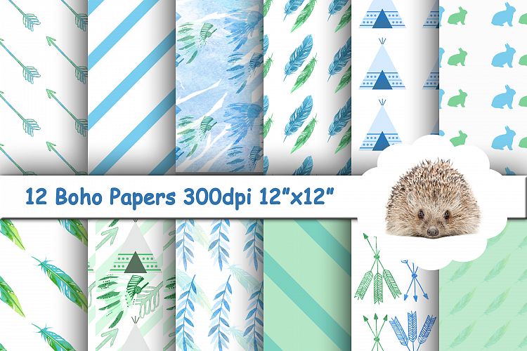 12 Blue and Green Boho Patterned Papers / Backgrounds