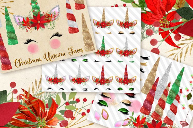Christmas Unicorn Faces Clipart