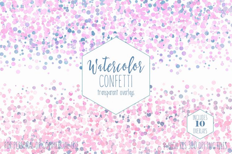 WATERCOLOR CONFETTI BORDER Clipart Commercial Use Confetti Transparent Overlays Blush Pink Blue Party Wedding Invitation Graphics