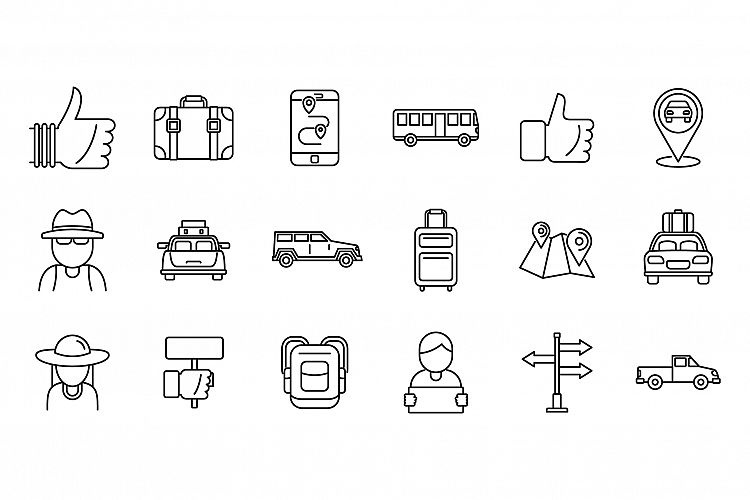 Hitchhiking automobile icons set, outline style example image 1