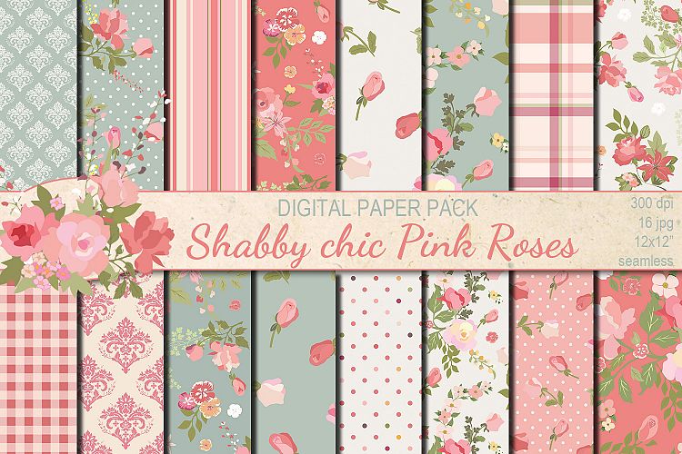 Shabby chic pink roses seamless digital paper pack