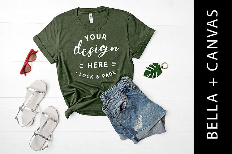 Military Green Bella Canvas 3001 T Shirt Mockup Flat Lay