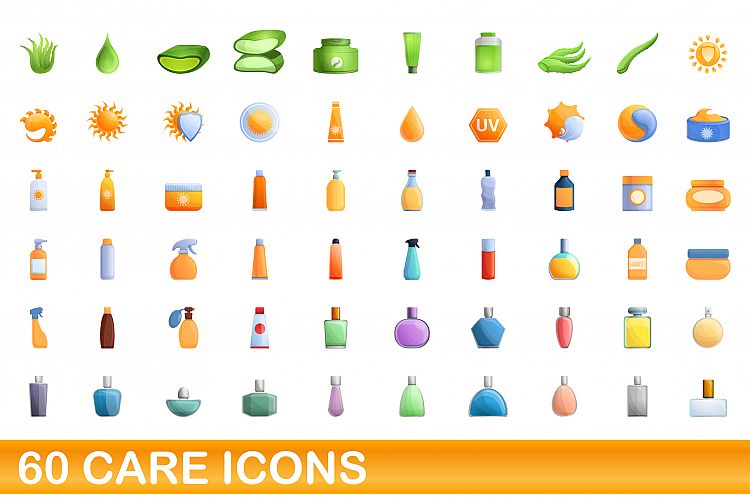 60 care icons set, cartoon style example image 1