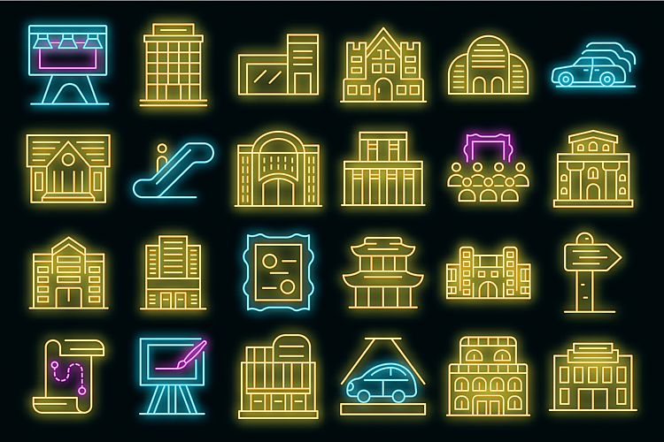 Exhibition center icons set vector neon example image 1