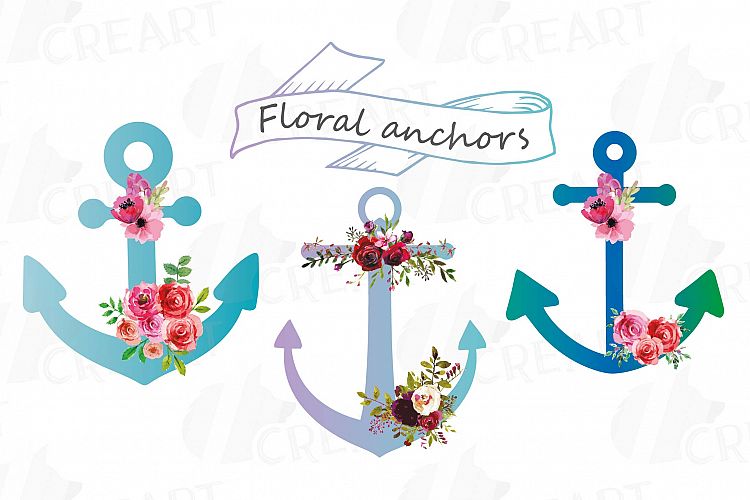 Colorful Floral Anchor clip art collection, watercolor floral anchor, Nautical anchor Files Vector Illustrator, PNG, EPS, JPG files included