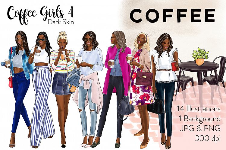 Fashion illustration clipart - Coffee Girls 4 - Dark Skin