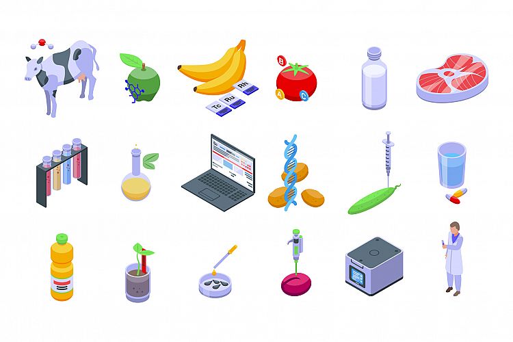 Gmo food icons set, isometric style