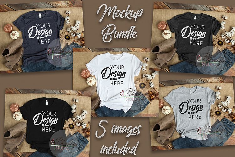 Fall Bella Canvas Mockup Bundle T Shirt Flat Lay 5 Images