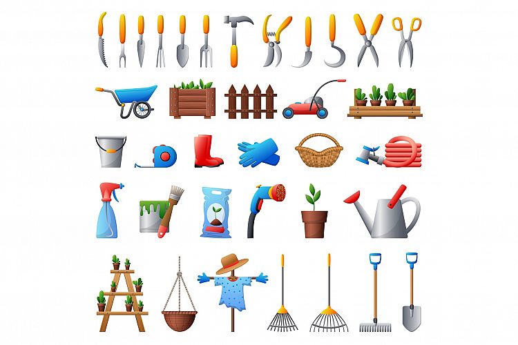 Gardening tools icons set, cartoon style example image 1