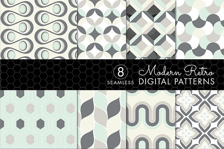 8 Seamless Retro Patterns - Mint Green, Ivory & Gray - Set 2