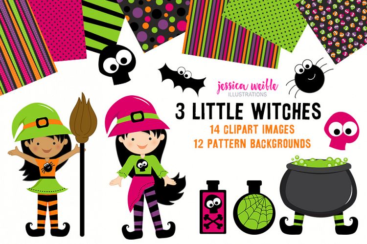 3 Little Witches Halloween Clipart Graphics Collection