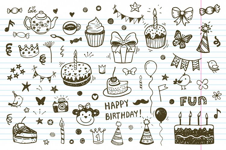 Birthday doodle icons + patterns