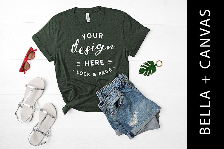 Heather Forest T-Shirt Mockup Bella Canvas 3001 Flat Lay