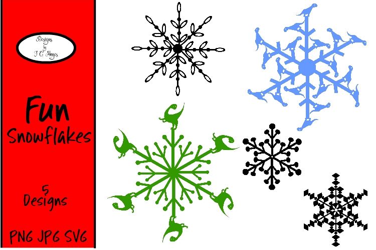2 Dinosaurs, 3 Other Snowflakes, SVG, PNG, JPG
