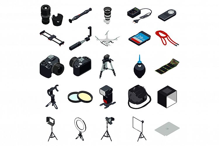 Photographer equipment icons set, simple style example image 1