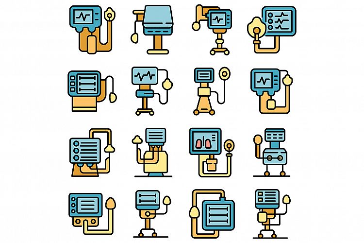 Ventilator Medical Machine icons set vector flat