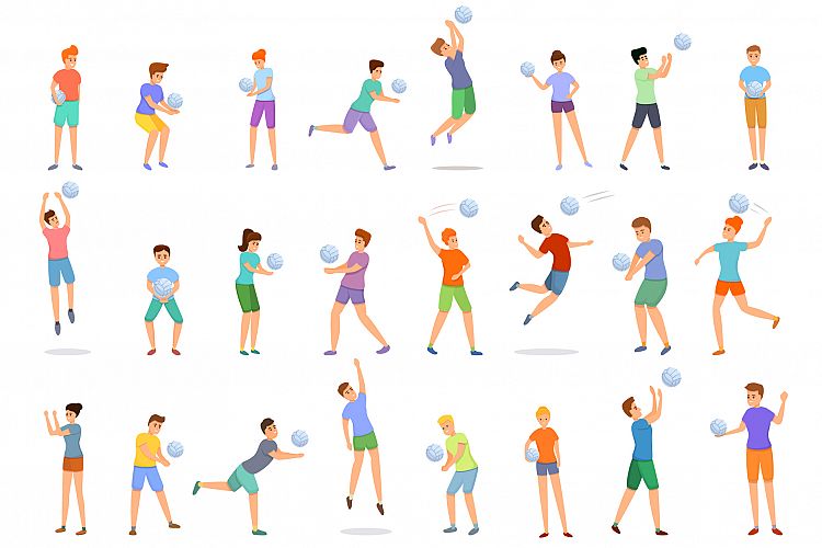 Kids playing volleyball icons set, cartoon style example image 1