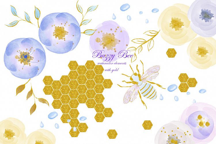 Watercolor clipart with gold. Bee, flowers, rain drops.