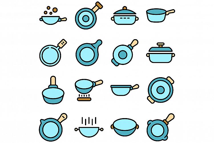 Wok frying pan icons set vector flat example image 1