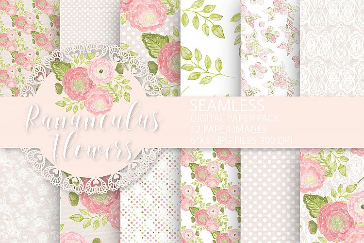 Watercolor Ranunculus flowers digital paper