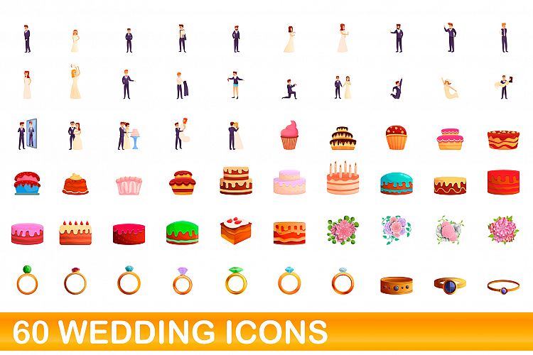 60 wedding icons set, cartoon style example image 1