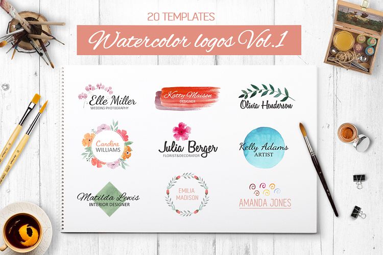 Watercolor logo templates. 20 premade logos