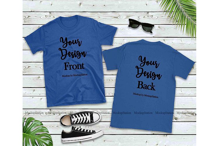 Download Front & Back Blue Tshirt Mockup, Gildan 64000 Shirt Mock ...