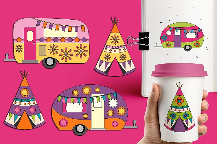 Spring caravan camper and teepee tents graphics