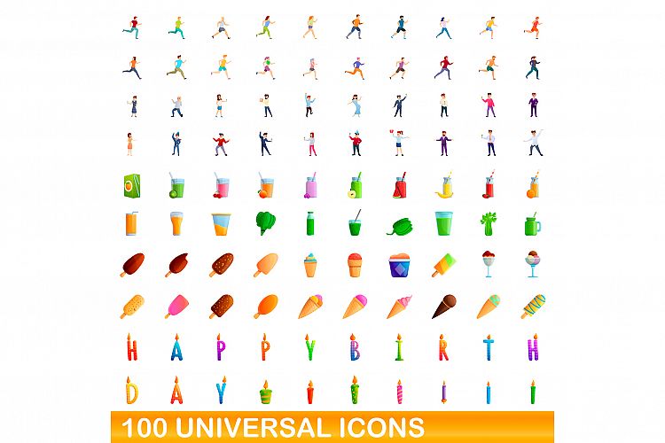 100 universal icons set, cartoon style